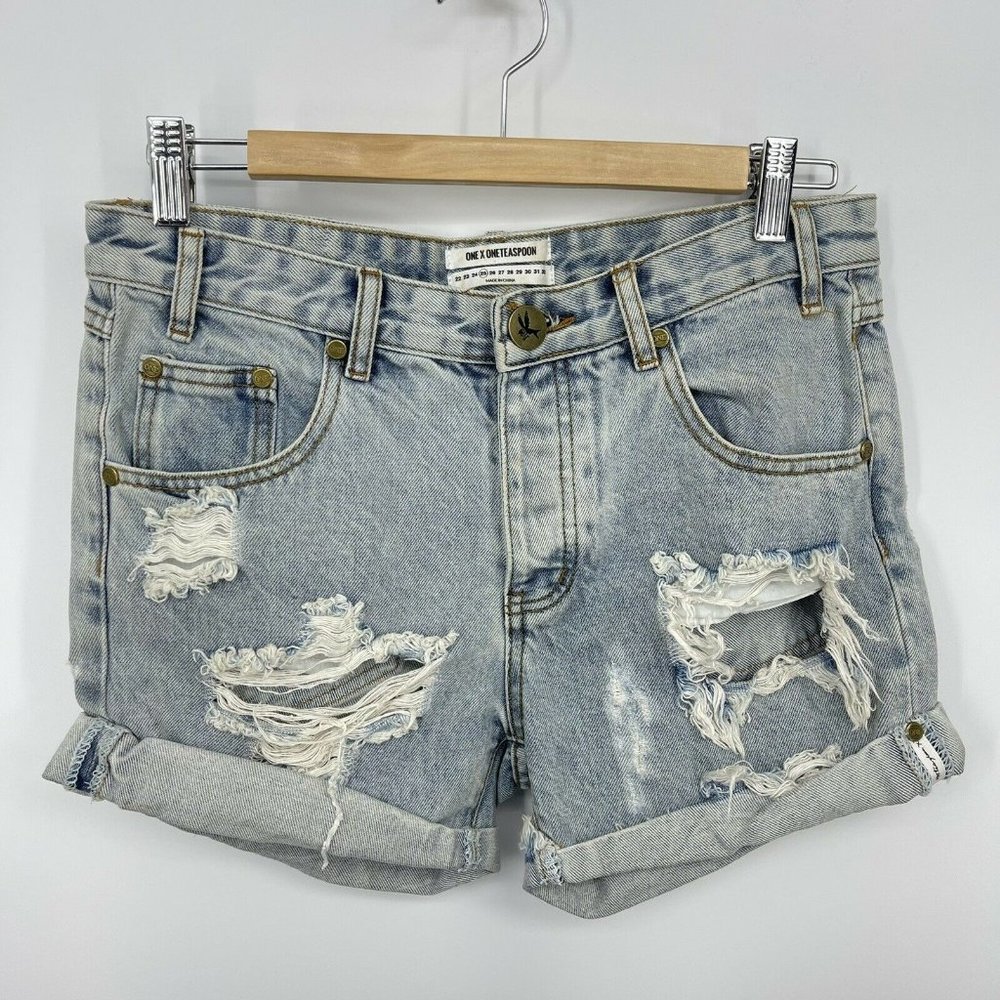 One Teaspoon Shorts Womens 25 Chargers Medium Rise Relaxed Fit Denim Distressed